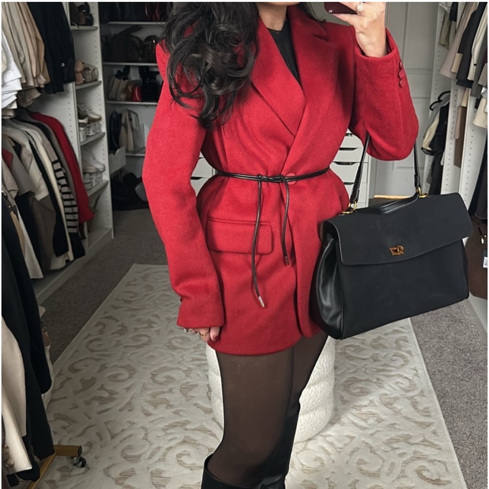 Wool blend premium quality red oversized drawstring tie belt blazer jacket - Picture 7 of 9